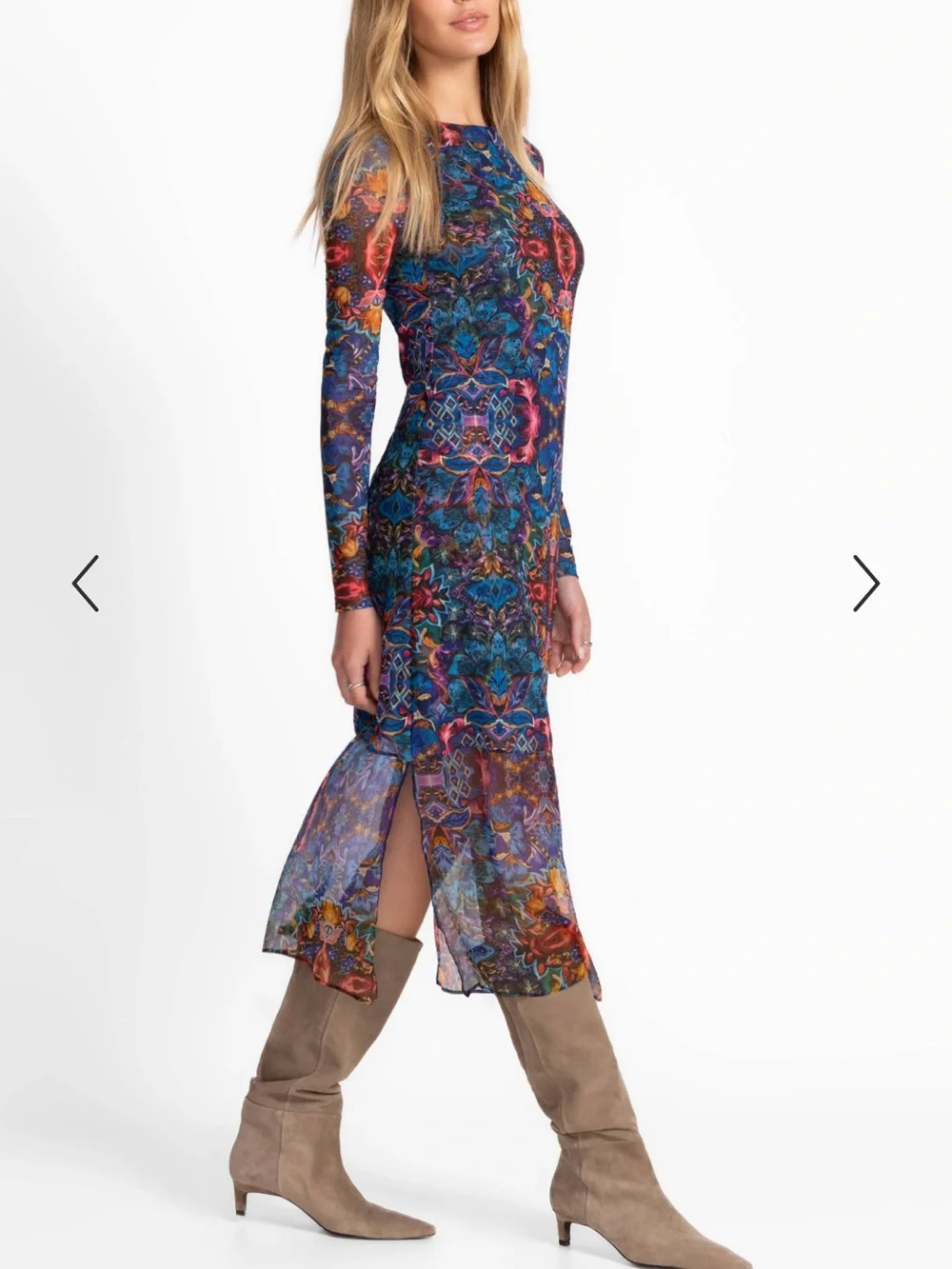 JOHNNY WAS JADE TULUS MESH MIDI DRESS Blue Ottalie Bold Kaleidoscope Lined XL XS